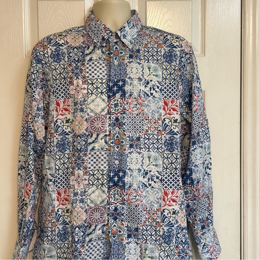 Daniel Cremieux Blue and Red Patterned Shirt 100% Linen Geo Pattern Large